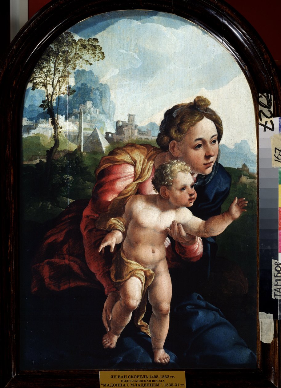 聖母子 (Virgin and Child)。 Jan Van Scorel (1495-1562) による絵画。 木に油彩、66 x 45 cm 作： ヤン・ヴァン・スコアル