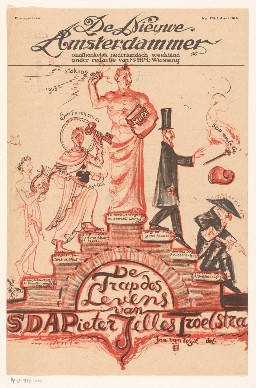 タイトルページ: 「De Nieuwe Amsterdammer」、1918 年 6 月 18 日 SDAPieter Jelles Troelstraによる生命の階段（オブジェクトのタイトル） 作： ヤン・ファン・ワイク
