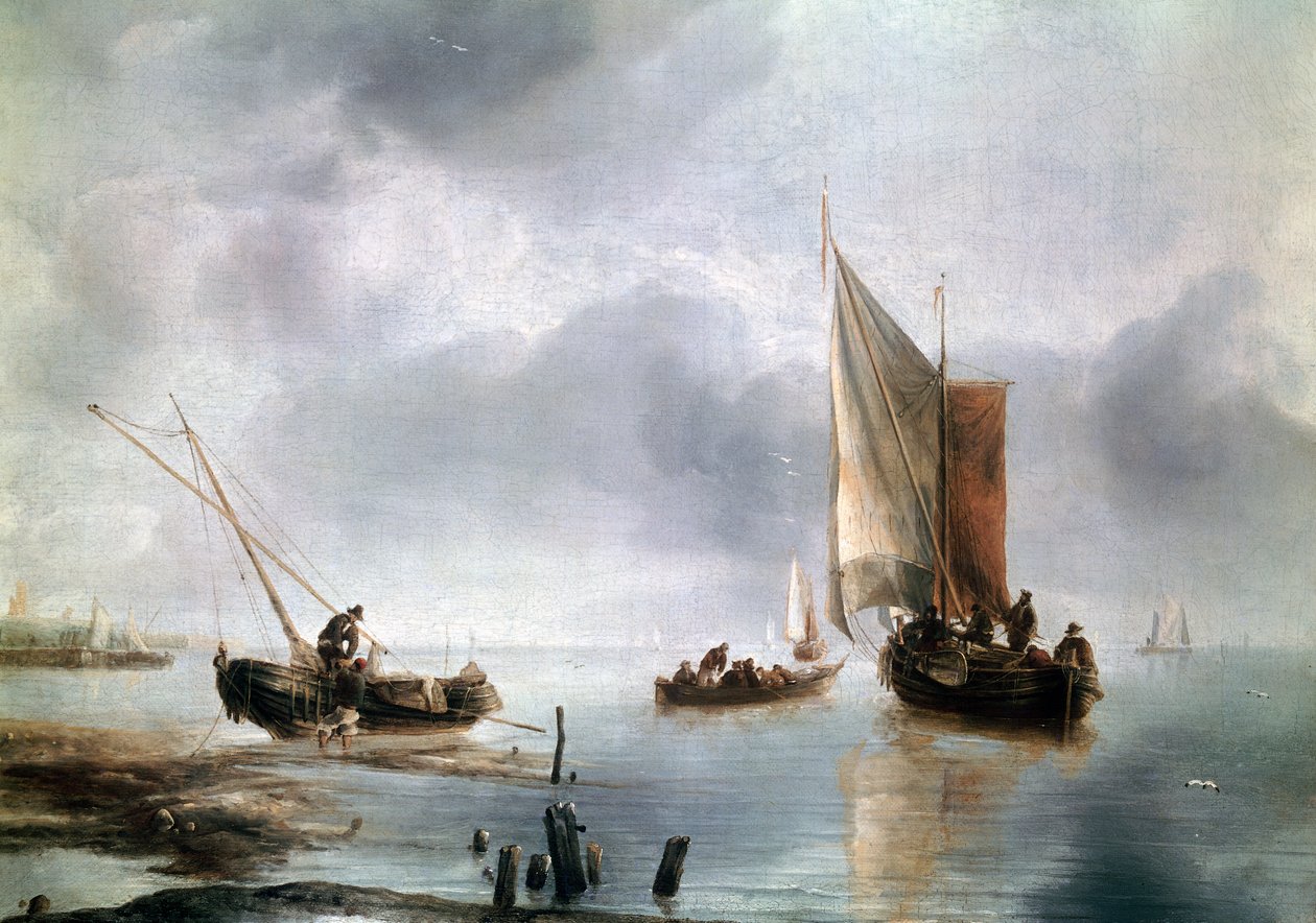 軽快な空気の中の小さな船と、陸に上がった別の船、1650-1660年頃、ヤン・ファン・デ・カペル（1624-1679年頃）作、油彩・キャンバス、34、8x48 作： ヤンヴァンデカペレまたはカッペル