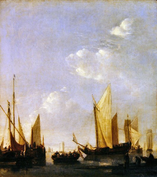 穏やかな海に停泊する船（1650年頃、油彩・パネル） 作： ヤンヴァンデカペレまたはカッペル