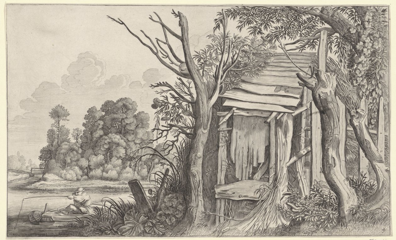 風景の中の老朽化した小屋での釣り人 Pieter de Molijnの後の風景（シリーズタイトル） 作： ヤン・ファン・デ・ベルデ（II）