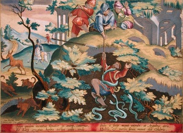 蛇の穴から助け出された狩人、プレート41「Venationes Ferarum, Avium, Piscium」ヤン・コラールト（1566-1628）が彫刻し、アムステルダムのフィリップス・ガレウスが出版した（手彩色の彫刻）。 作： ヤン・ファン・デル・ストレイト