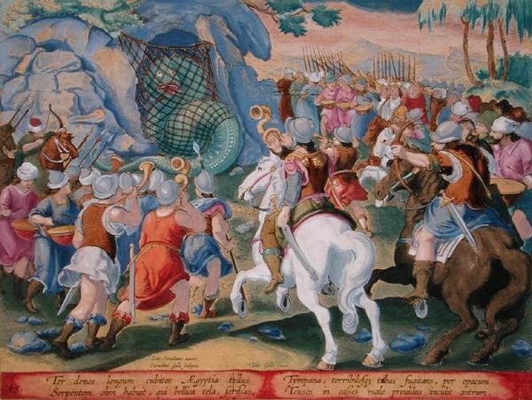 エジプトの大蛇を網で捕らえる、ヤン・コラート（1566-1628）が彫った「Venationes Ferarum, Avium, Piscium」（野生の獣、鳥、魚の狩猟について）の第45版、アムステルダムのフィリップス・ガレウスから出版された手彩色のエングレーヴィング。 作： ヤン・ファン・デル・ストレイト