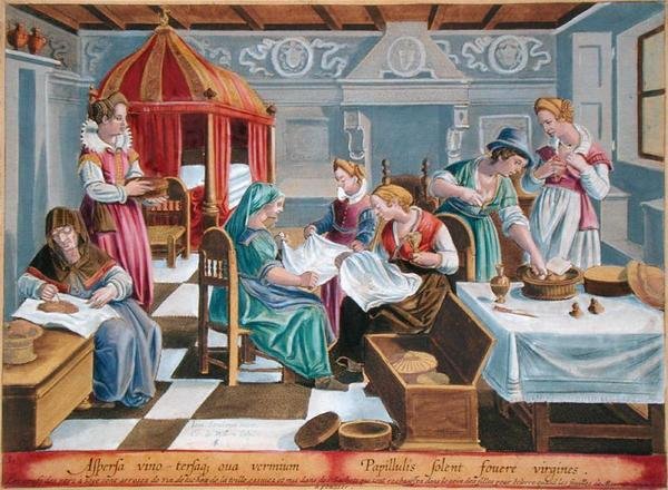 女たちはカイコの卵にワインをかけて胸元で温めている、フィリップ・ガレ（1537-1612）の「Vermis Sericus（カイコ）」より第3版（エングレーヴィング） 作： ヤン・ファン・デル・ストレイト