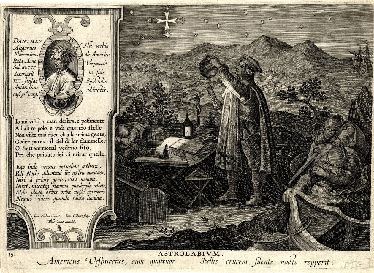 アストロラーベアメリクス・ヴェスプッチウスとクワトゥオル・ステリス..., c.1600 (銅版画) 作： Jan van der (1523 1605) Straet