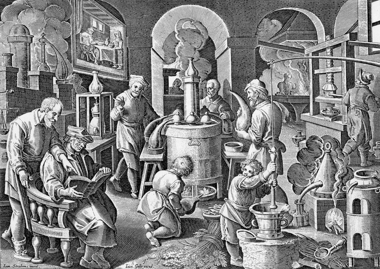 Distillatio..:In igne succus omnium, arte, corporum, Vigens fit unda, limpida and potissima.16世紀にヤン・ファン・デル・ストラートが描いた、蒸留のさまざまな段階についての版画。 作： ヤン・ファン・デル・ストレイト