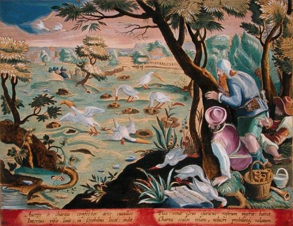鶴の嘴に餌をつけて罠にかける鳥猟師たち、プレート40「Venationes Ferarum, Avium, Piscium」（Of Hunting: Wild Beasts, Birds, Fish）彫刻：Jan Collaert（1566-1628）、出版：Phillipus Gallaeus of Amsterdam（手彩色）。 作： ヤン・ファン・デル・ストレイト