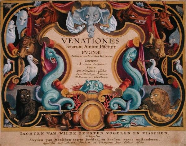 ヤン・コラート（1566-1628）が彫った「Venationes Ferarum, Avium, Piscium」（野生の獣、鳥、魚の狩猟）のタイトルページ。 作： ヤン・ファン・デル・ストレイト