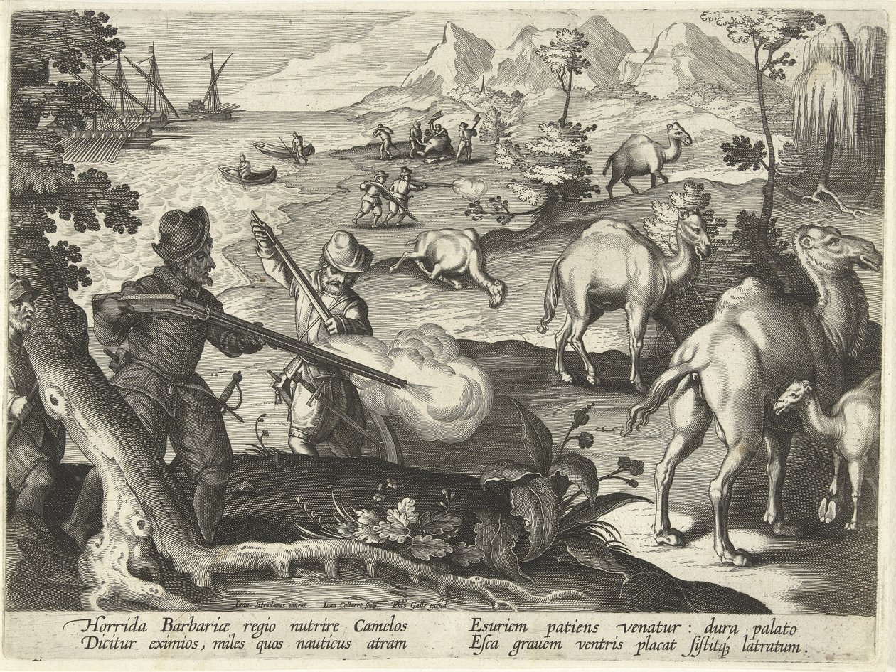 Jan Collaert (1566-1628) によって刻まれた「Venationes、Ferarum、Avium、Piscium」(狩猟について: 野獣、鳥、魚) のイラスト、パブ. Phillipus Gallaeus、アムスター 作： Jan van der (1523 1605) Straet