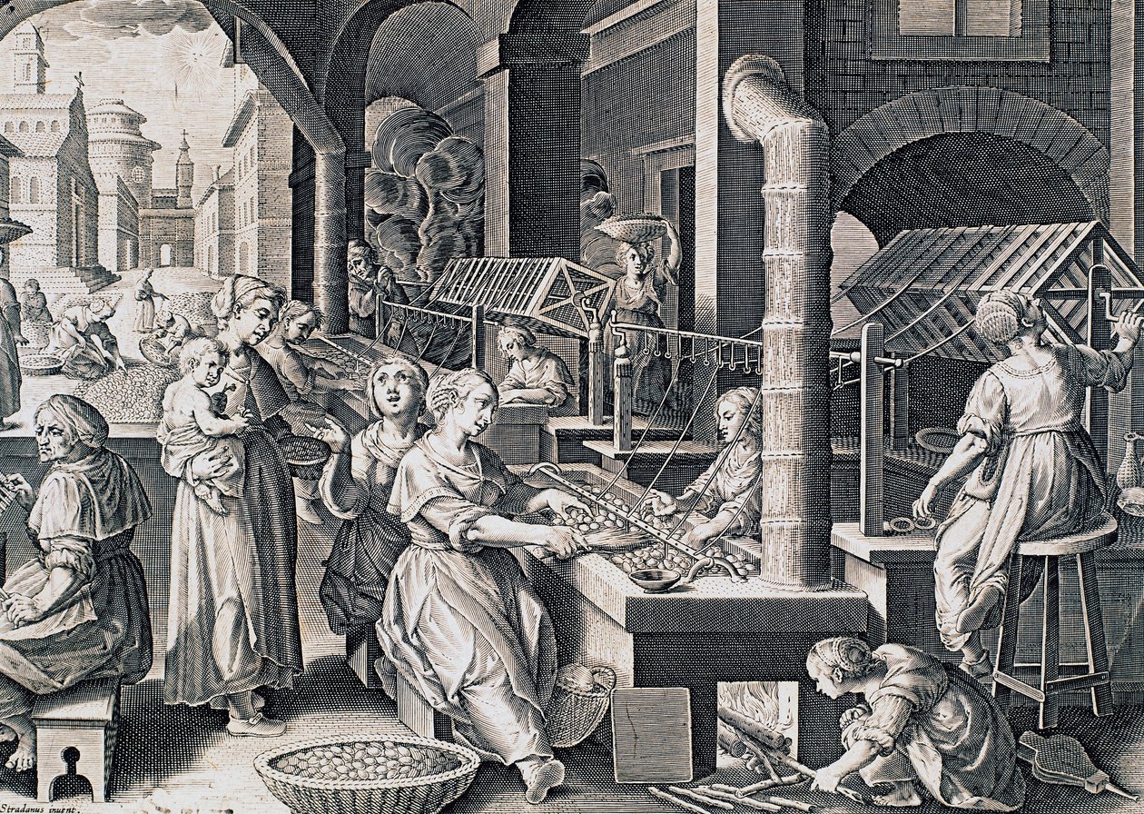 Vermis sericus, 絹を紡ぎ、火で蚕を加熱する女性たち, ストラダヌス（1523-1605）による彫刻, イタリア 作： ヤン・ファン・デル・ストレイト