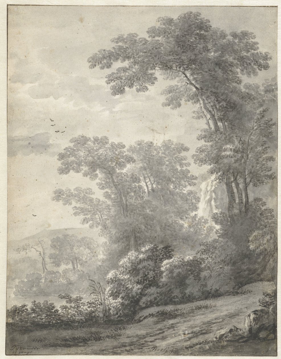 川の近くの木のある山の風景 作： Jan van der Meer（II）