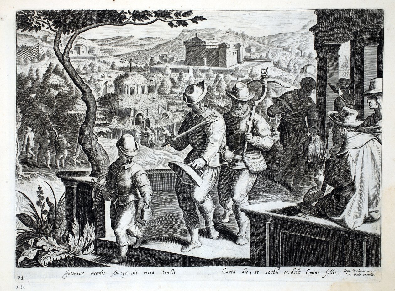 Jan Collaert（1566-1628）によって刻まれた &39;Venationes、Ferarum、Avium、Piscium&39;（Of Hunting：Wild Beasts、Birds、Fish）からのイラストで、ブラックバードを捕まえるために出かけるバードキャッチャー、パブ。フィリップス・ガル 作： ヤン・ファン・デル・ストレイト
