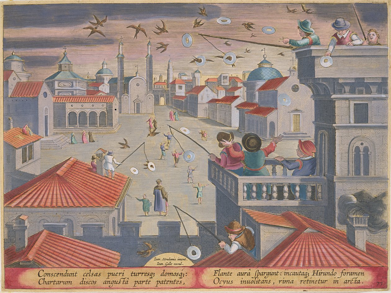 フィリップが出版したヤンコラート（1566-1628）の版画「穴のあるミラーディスクを使用したツバメの捕獲」、「Venationes Ferarum、Avium、Piscium」（狩猟：野獣、鳥、魚）の版77 作： ヤン・ファン・デル・ストレイト