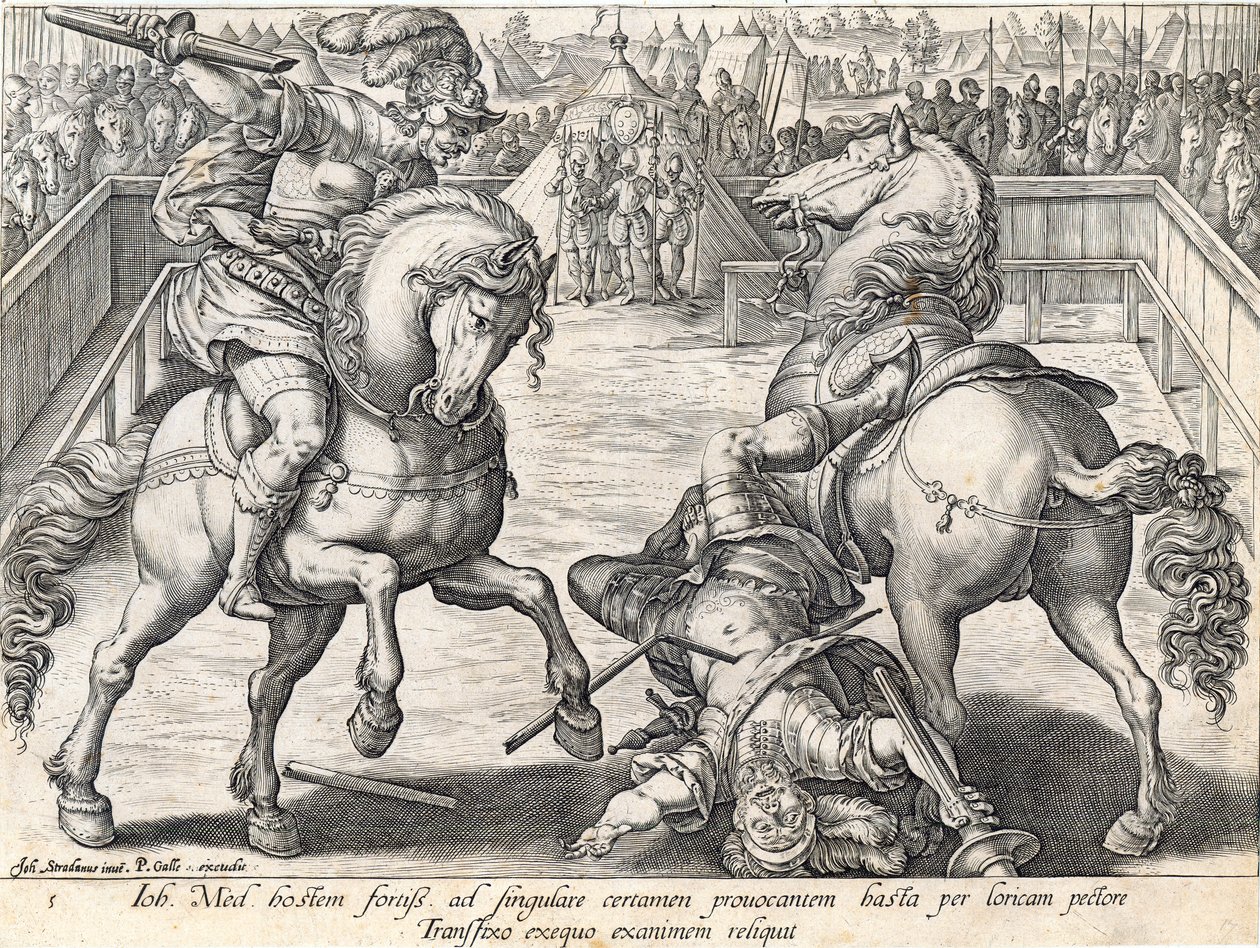 ジョヴァンニ・デ・メディチは、デュエルで対戦相手を殺します。フィリップゴール（1537-1612）、c.1583によって彫刻された「メディチの歴史」からのプレート5 作： ヤン・ファン・デル・ストレイト