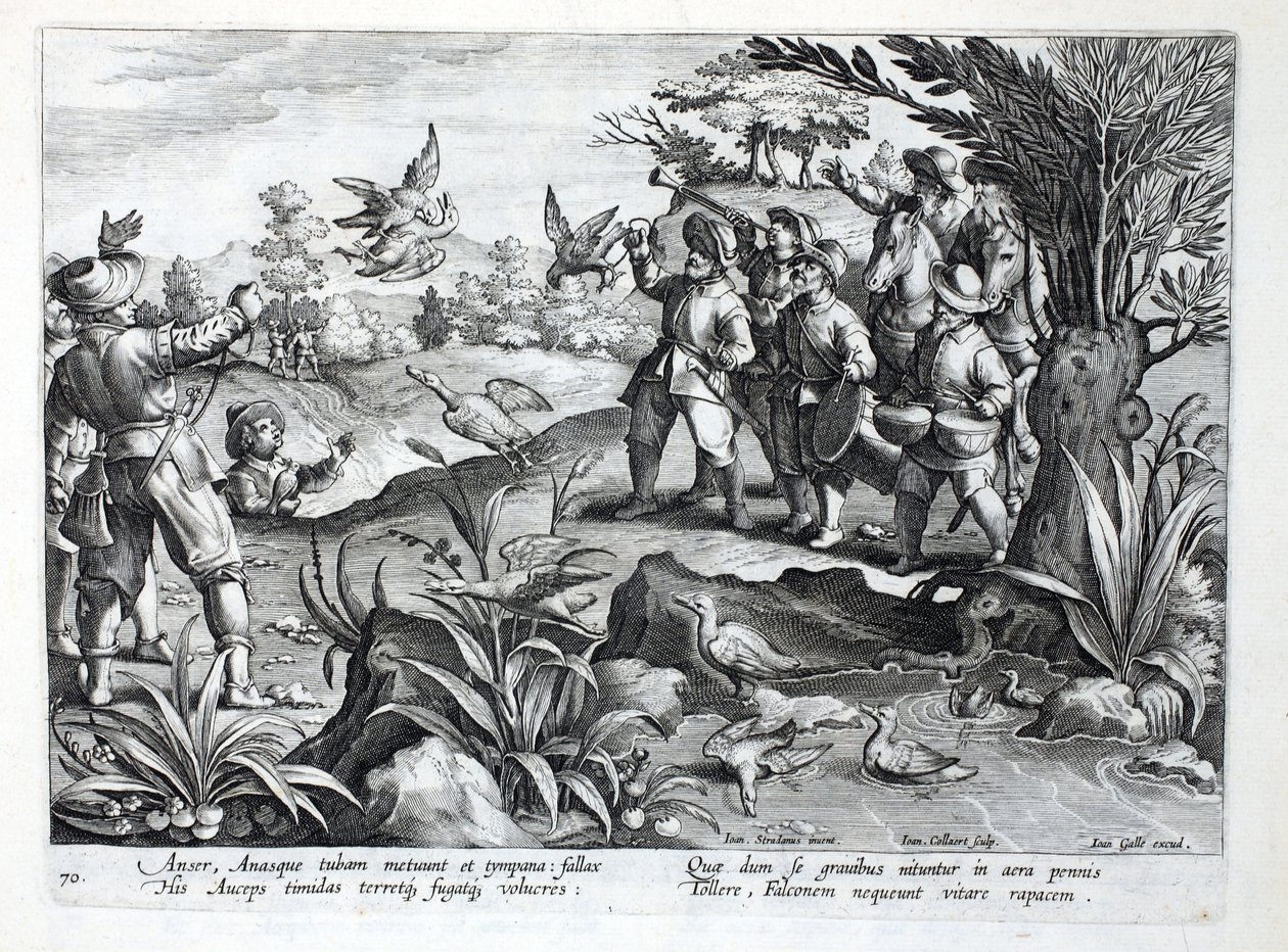 Jan Collaert（1566-1628）によって彫刻された &39;Venationes、Ferarum、Avium、Piscium&39;（Of Hunting：Wild Beasts、Birds、Fish）からのイラスト、ファルコンを使ってガチョウを狩るハンター、パブ。フィリップス・ガレウス、A 作： ヤン・ファン・デル・ストレイト
