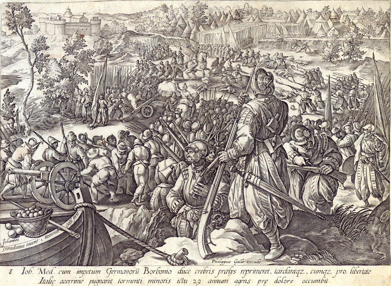 ヘンドリック・ゴルツィウス（1558-1617）によって彫刻された「ジョヴァンニ・ド・メディチの戦いにおける死」、「メディチの歴史」からのプレート8、c.1583 作： ヤン・ファン・デル・ストレイト