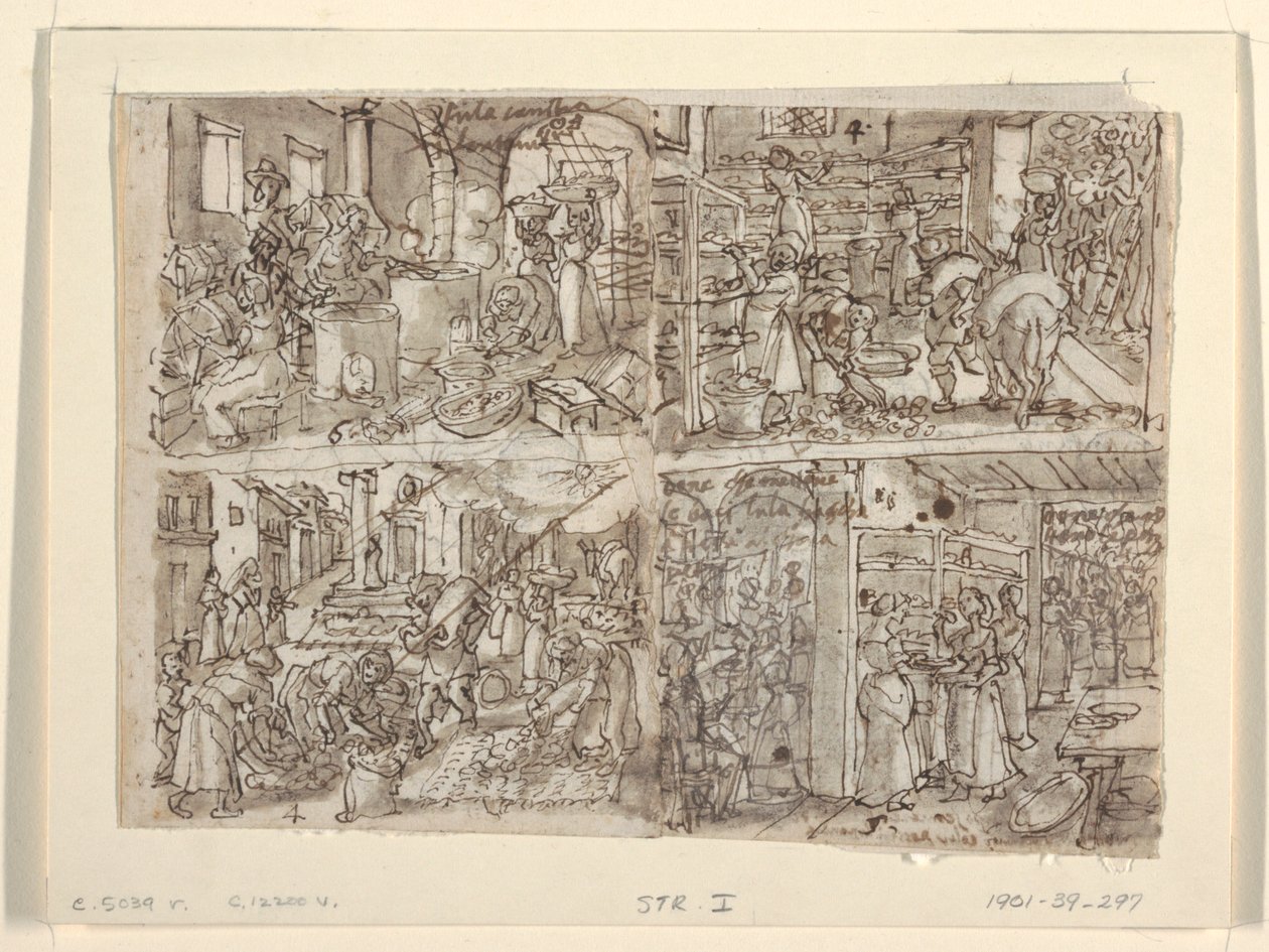 Recto: 「Vermis Sericus」（製糸）版画シリーズの 4 つの予備デザイン。 左上: ワインディング シルク。 左下：桑の葉の準備。 右上：棚に葉を並べる。 右下：蚕に桑の葉を与えています。 ヴェ 作： ヤン・ファン・デル・ストラート、通称ストラダヌス