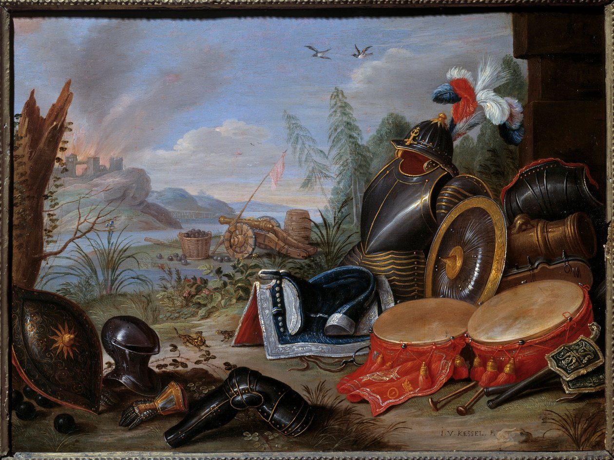 武器のトロフィー。Jan I Kessel The Old (1626-1679)による絵画 Ec.Flam. 作： ヤン・ヴァン・ザ・エルダー・ケッセル