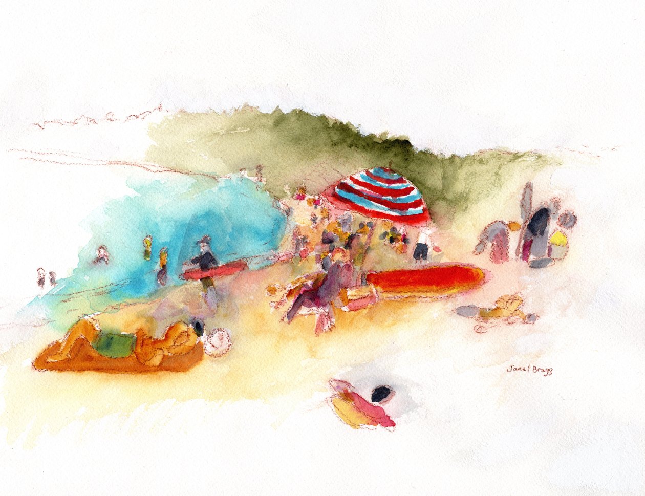 Beach Sunbathers and Surfers at Hanalei Bay, c.2019 (watercolor and pencil on paper) 作： ジャネル・ブラッグ