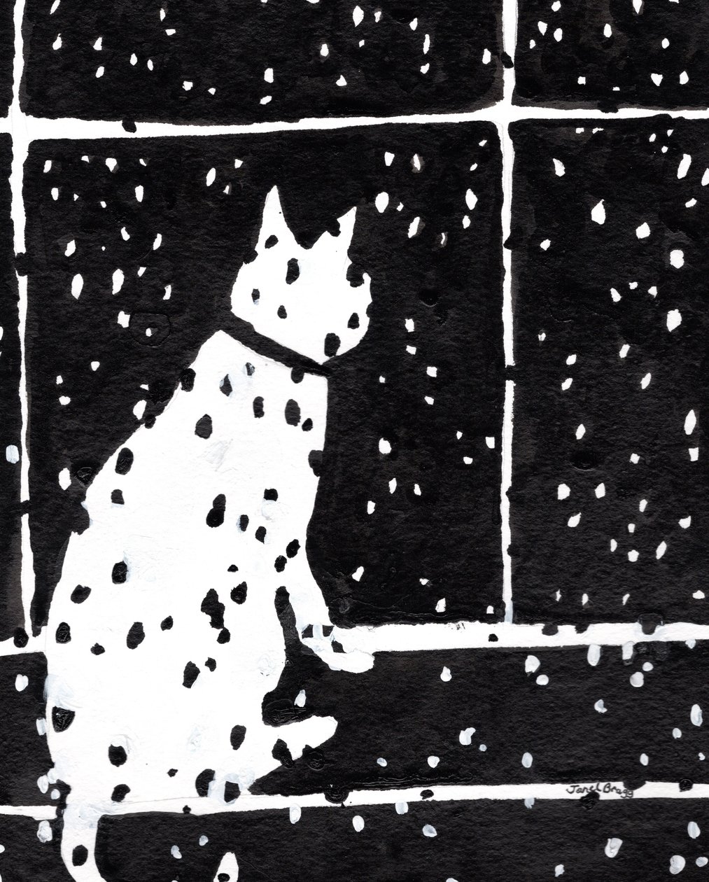 雪嵐に燃える窓辺の猫 2019年頃 （紙にインク） 作： ジャネル・ブラッグ