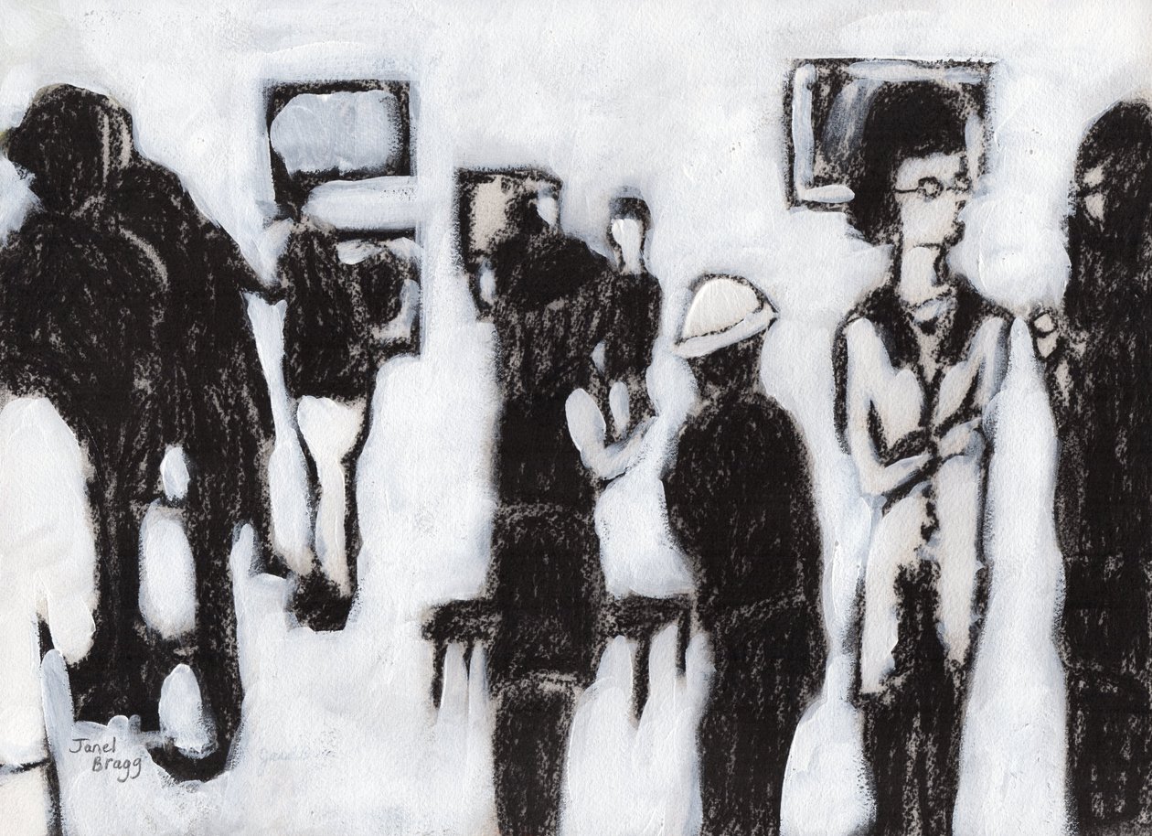 ギャラリー・オープニング In Charcoal and Gesso, c.2017 （木炭、ジェッソ、紙） 作： ジャネル・ブラッグ