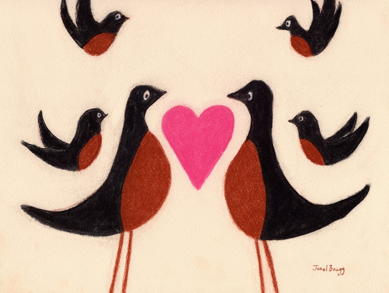 Robins in Love, c.2023 （紙にコンテ）