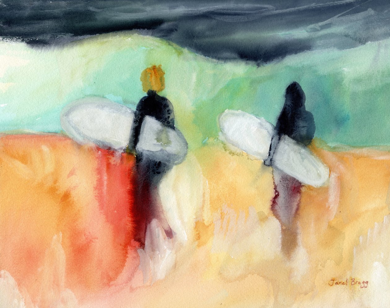 Surfers at Hanalei Bay, c.2019 (watercolor and casein on paper) 作： ジャネル・ブラッグ