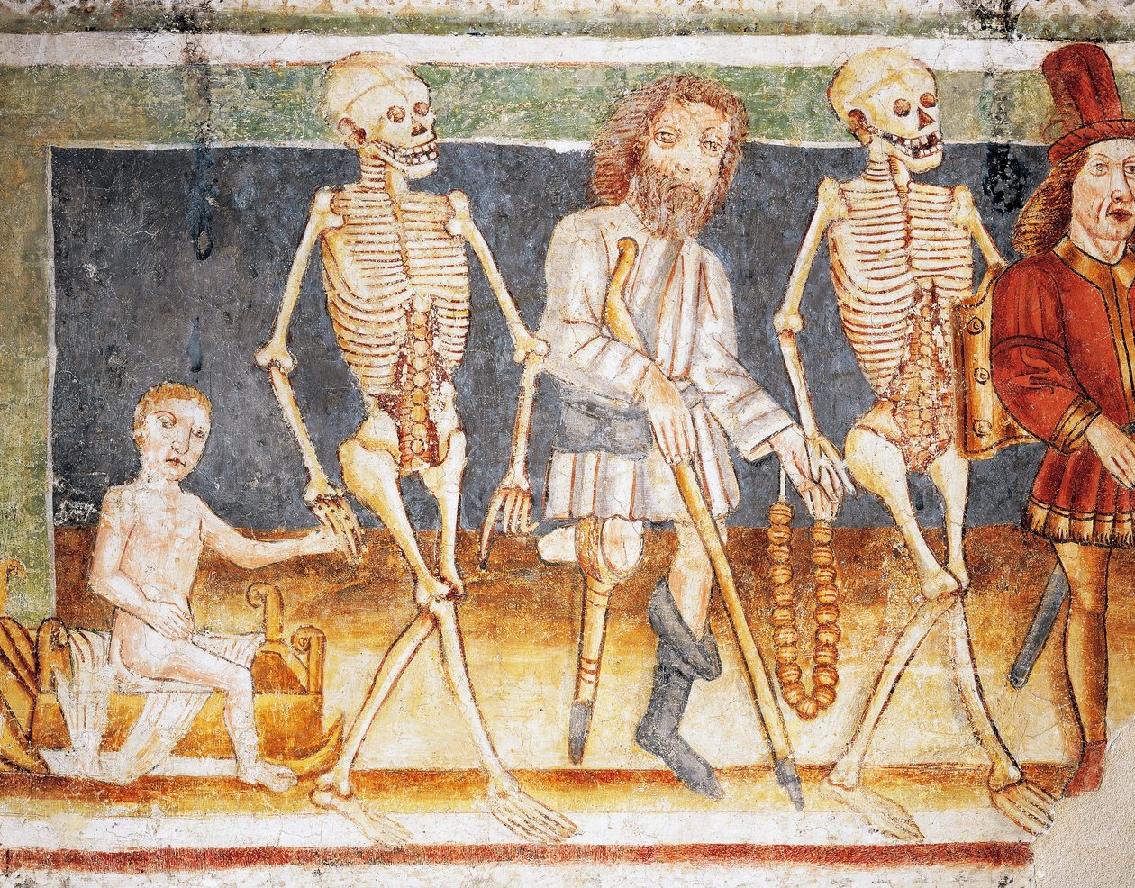 Hrastovlje要塞教会、三位一体教会、子供と貧乏人に付き添う死、死の舞踏（1490年）、Janez Iz Kastvaによるフレスコ画の細部（1490年）、スロベニア 作： ヤネス・カスタフ