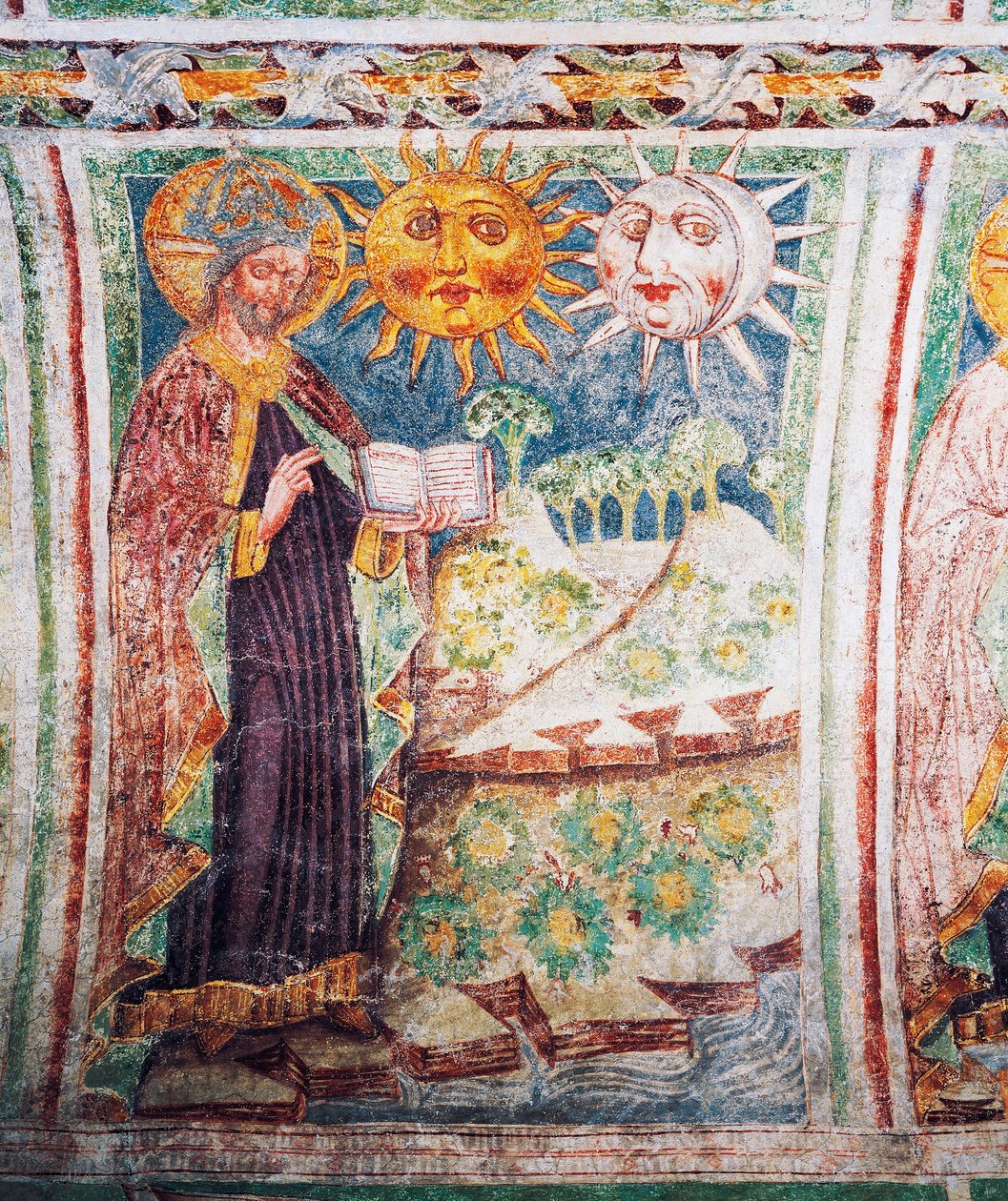 Hrastovlje要塞教会、三位一体教会、創世記、神が太陽、月、星を創造する（1490年）、Janez Iz Kastvaによるフレスコ画の詳細、スロベニア 作： ヤネス・カスタフ