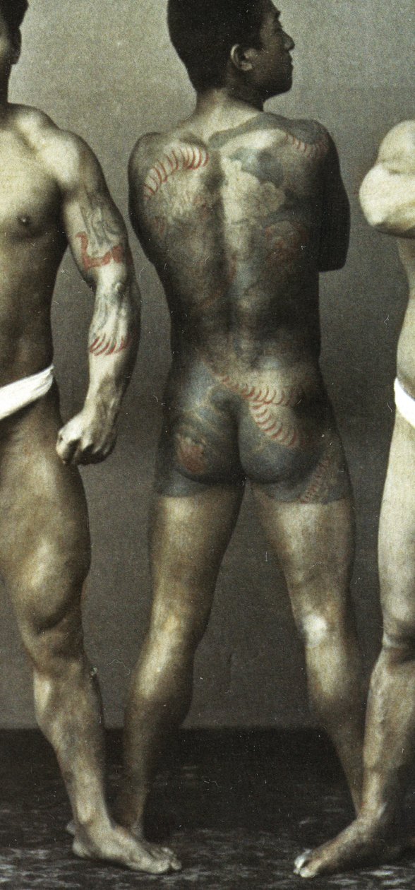 伝統的な日本の入れ墨をした男性、1880年頃（手塗りの卵白写真） 作： 日本の写真家