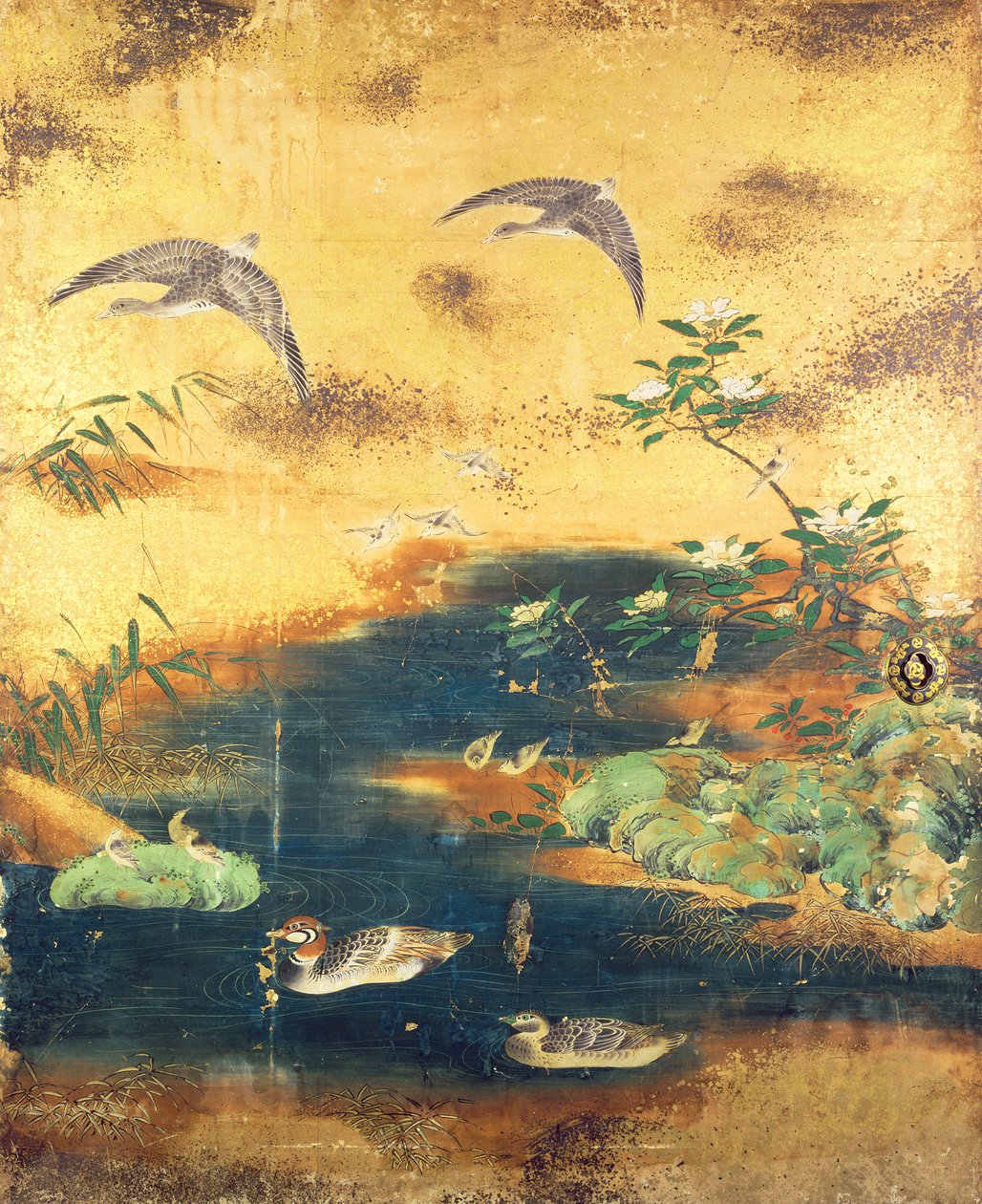 鳥と花の引き戸パネル（インク、色、紙に金と銀） 作： 日本語学校