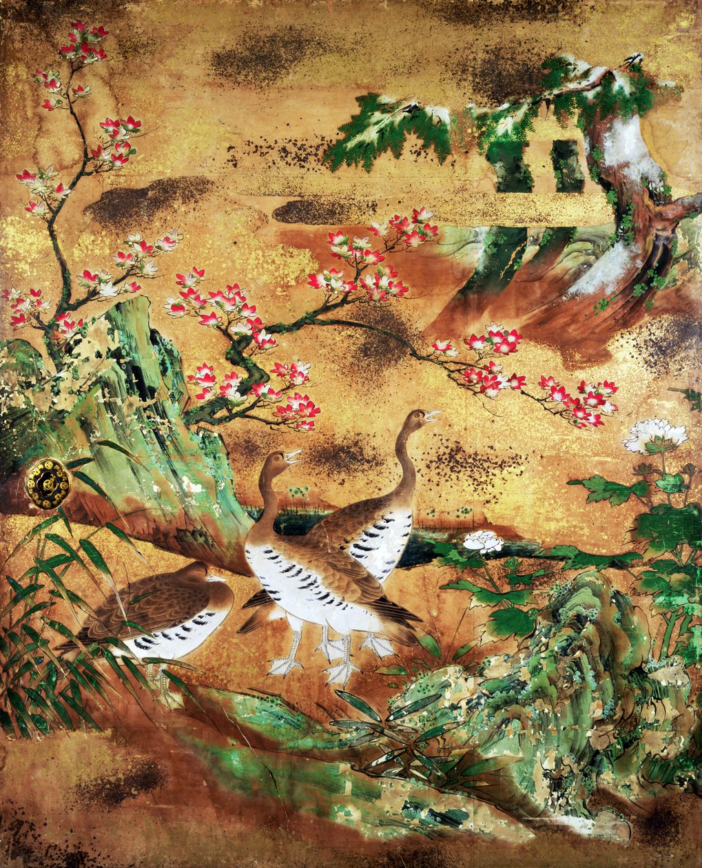 鳥と花の引き戸パネル（インク、色、紙に金と銀） 作： 日本語学校