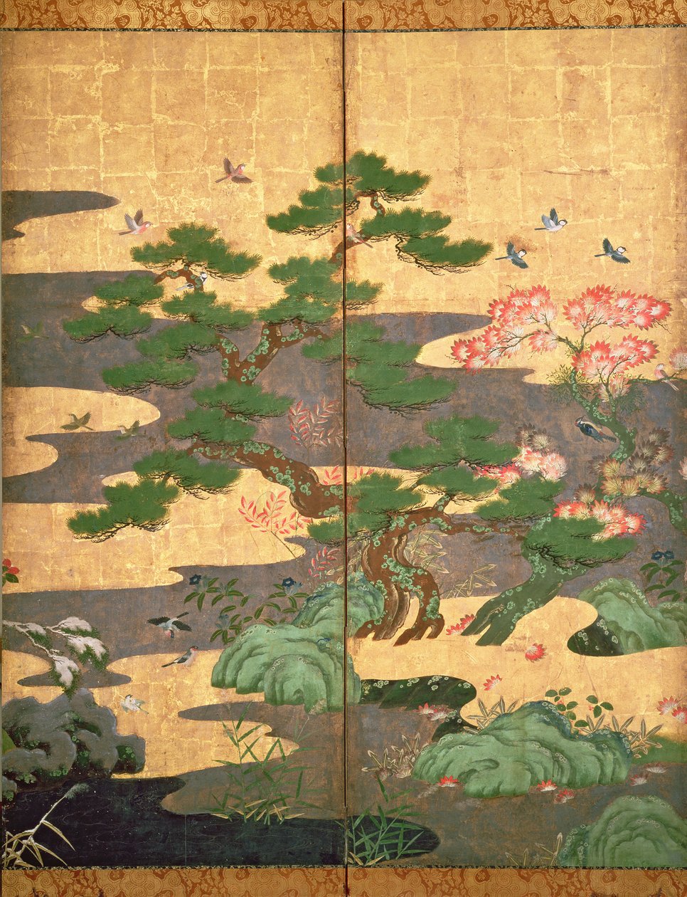 秋と冬の花を持つ鳥（パネル上にペンとインク、色、金の紙）（216542、216544、216545を参照） 作： 日本語学校
