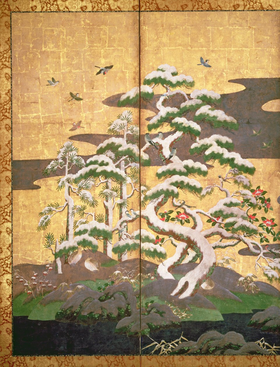 秋と冬の花を持つ鳥（パネルにペンとインク、色、金の紙）（216543、216544、216545を参照） 作： 日本語学校