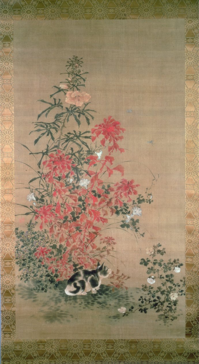 花に囲まれた猫（インクとシルクの色） 作： 日本語学校