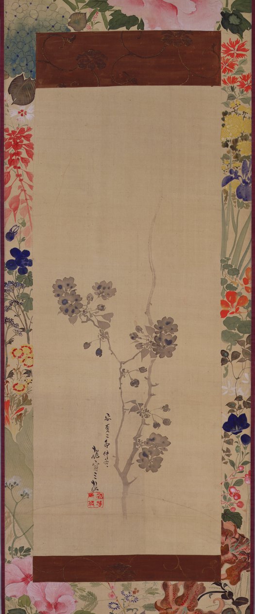 塗られた台紙が付いた桜、1855年（絹にインクと色） 作： 日本語学校