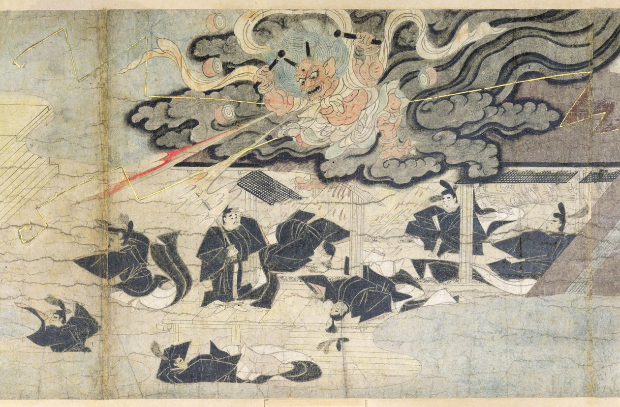鎌倉時代の天神神社、鬼雷（1185-1333）（絹に墨） 作： 日本語学校