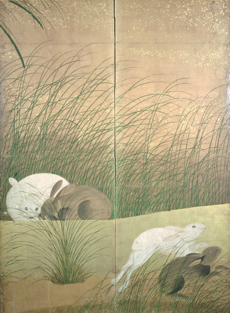 うさぎと秋の草、c.1700（紙にインク、色、金） 作： 日本語学校