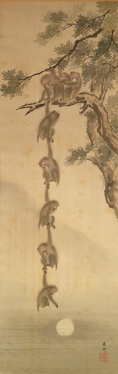 江戸時代（1603-1867）に月に届く猿（紙にインク） 作： 日本語学校