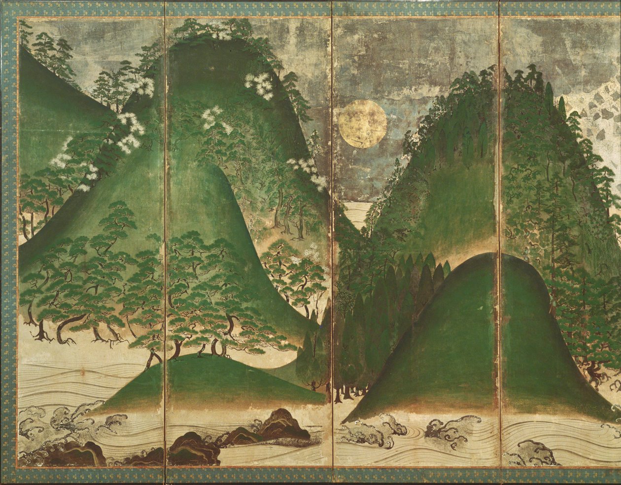 太陽のある春の風景、6パネルの屏風の一部（紙の色）（216550を参照） 作： 日本語学校