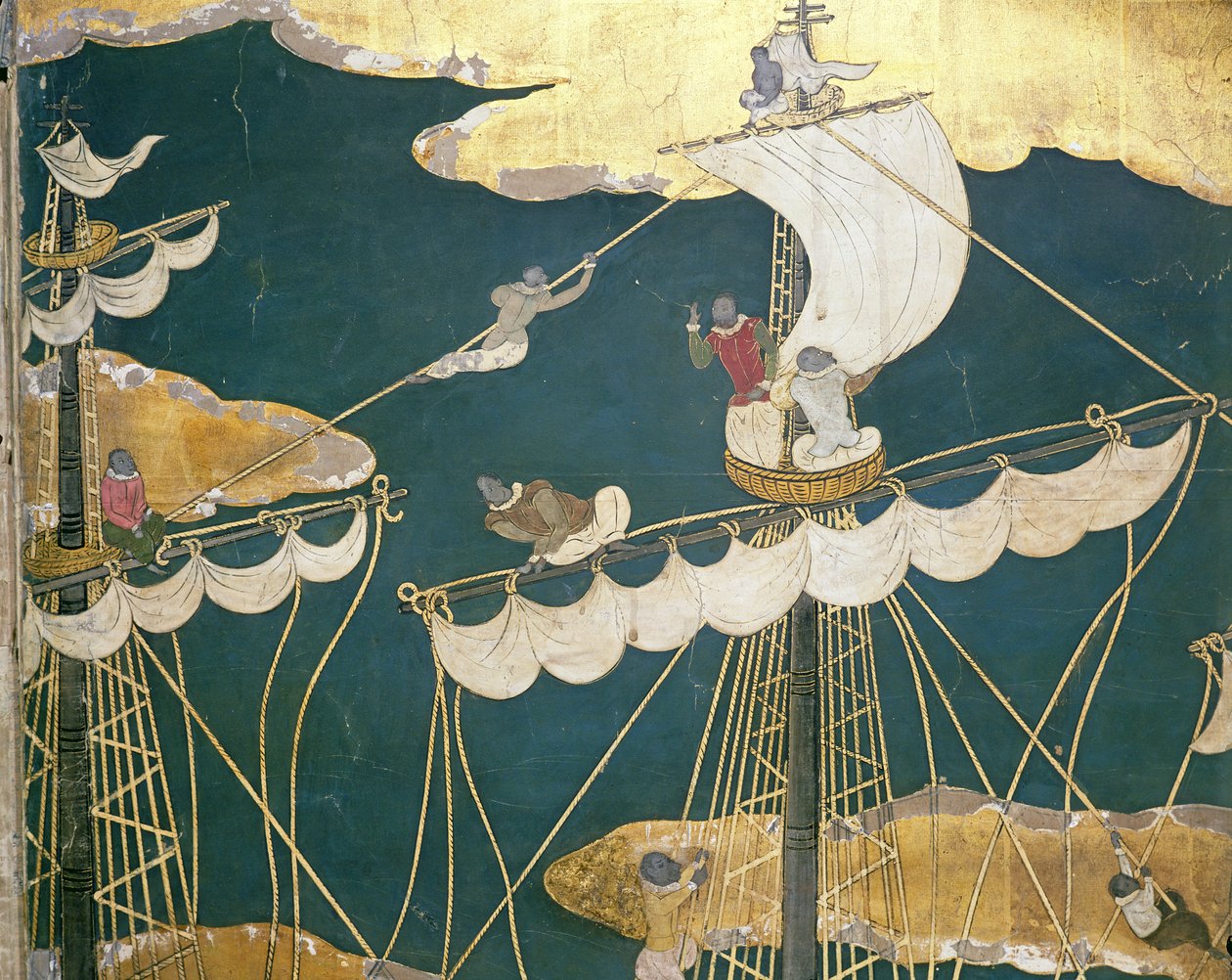 南蛮平屏風からの日本ポルトガル人の到着、船のマストとカラスの巣の詳細、1594-1618 作： 日本語学校