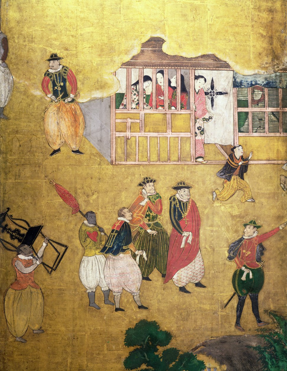 日本のポルトガル人の到着、南蛮屏風の画面からのポルトガル人の詳細、1594-1618 作： 日本語学校