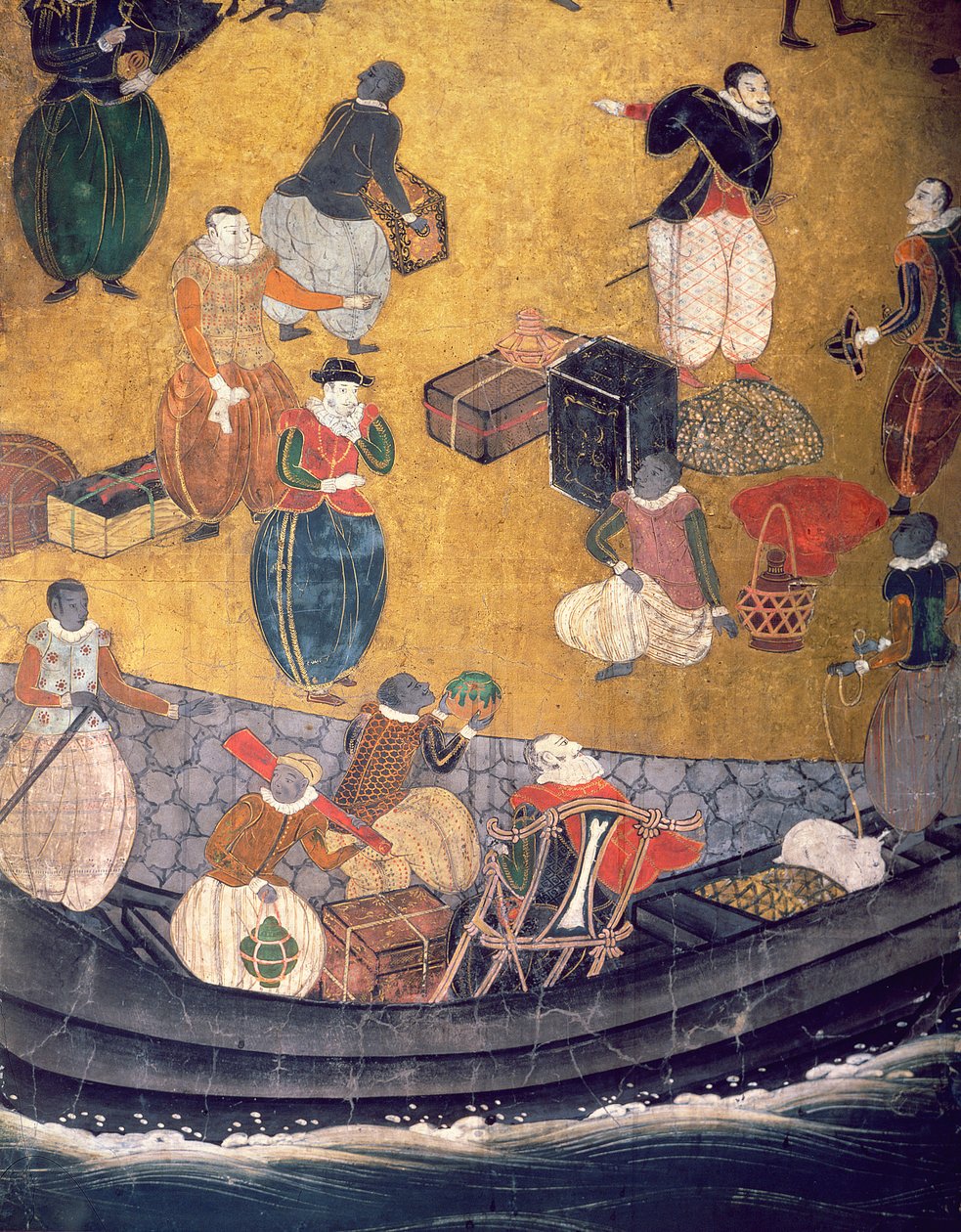 日本のポルトガル人の到着、商品の荷降ろしの詳細、ナンバン屏風の画面、1594-1618 作： 日本語学校