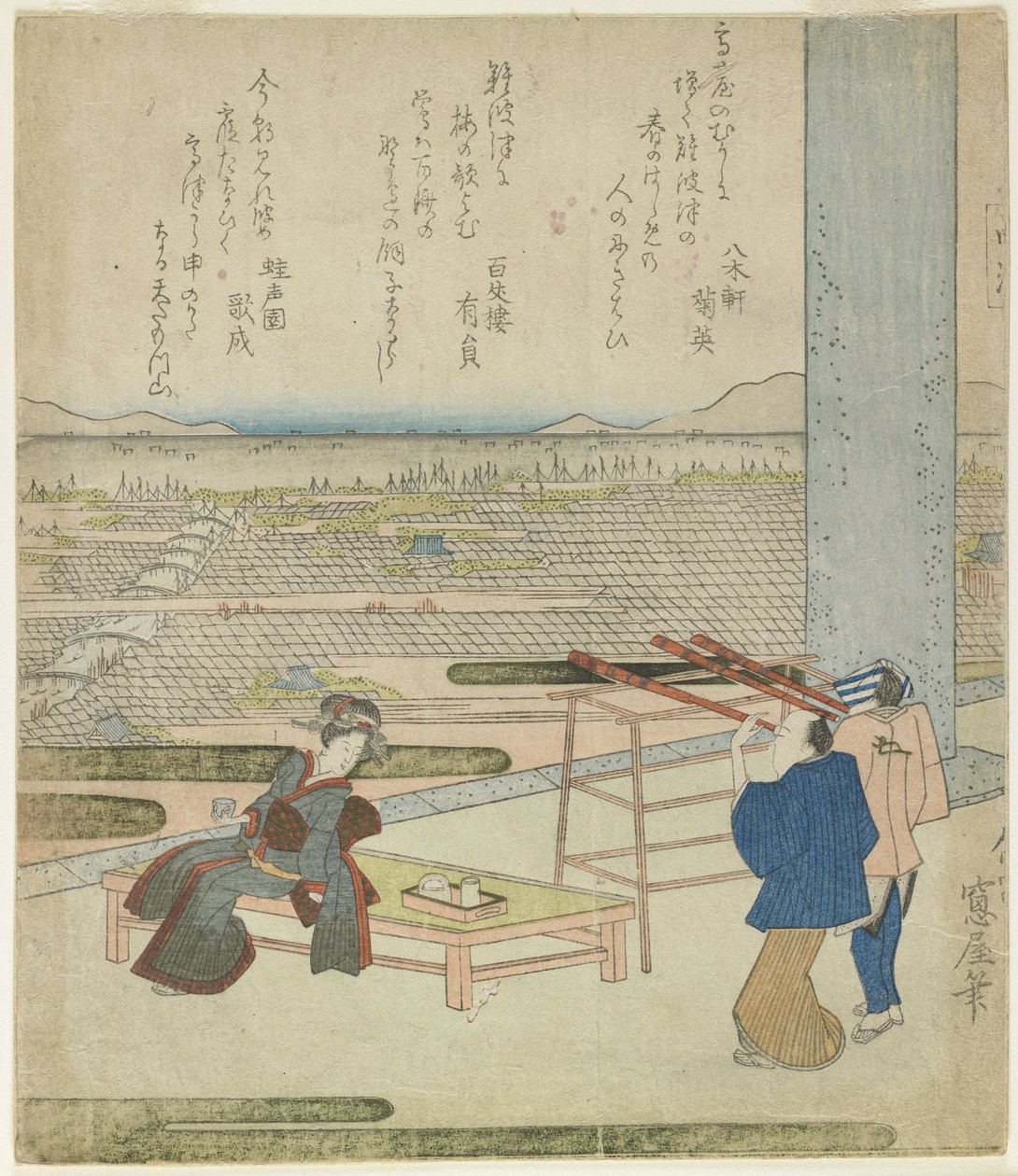 （丘の上の建物からの眺めを楽しむ女性と2人の男性）、1820年代（カラーの木版画） 作： 日本語学校