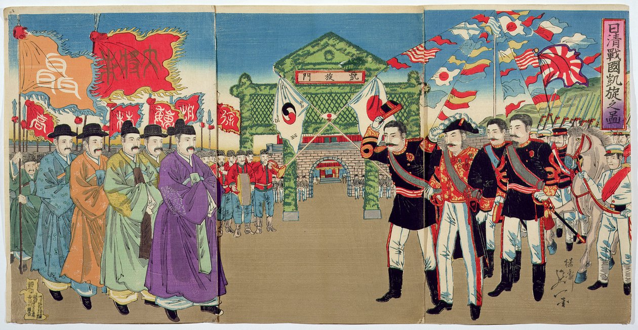 19世紀後半の日中戦争のエピソード、日本将校と韓国当局者の会談（カラー木版画） 作： 日本語学校