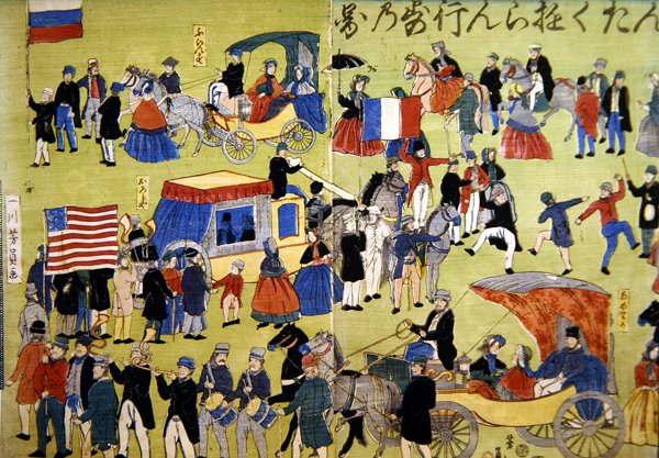 日本の横浜に到着したアメリカ、オランダ、フランスの訪問者、1860年頃（カラー木版画） 作： 日本語学校