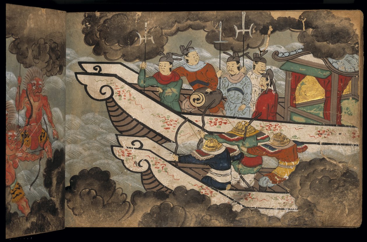 船に乗る中国兵 「大勝館」挿絵（紙本墨彩） 作： 日本語学校