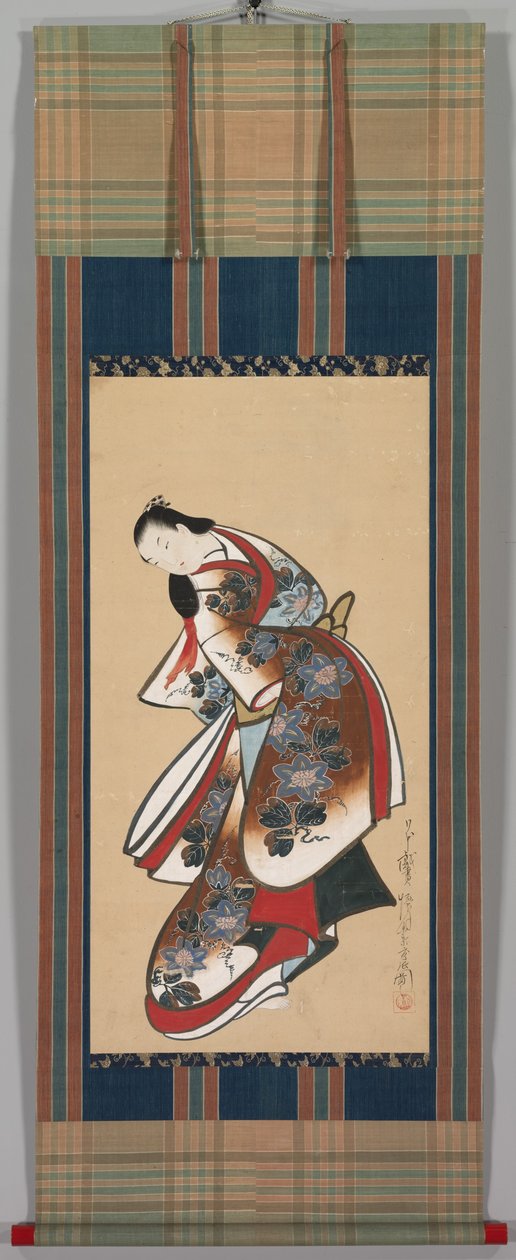 花魁、1700年代初頭（紙に掛け軸、インク、カラー） 作： 日本語学校
