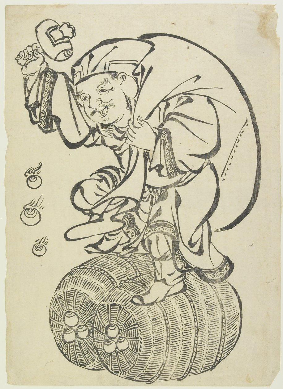 18世紀半ばから後半にかけての米俵の上で踊る大黒神（版画） 作： 日本語学校