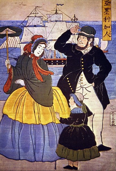 1861年に日本人画家が描いた横浜港前のヨーロッパ人家族 作： 日本語学校